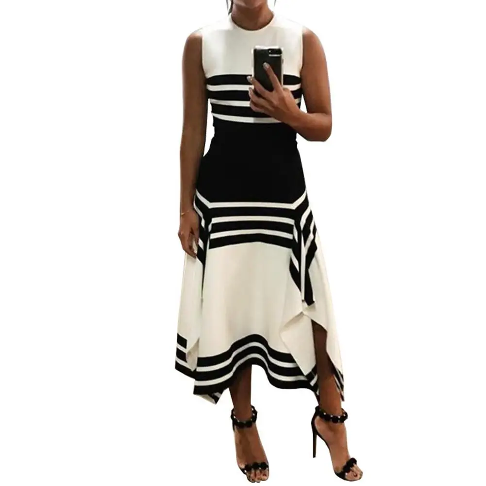 Женское Повседневное платье без рукавов с круглым воротником черно белое в