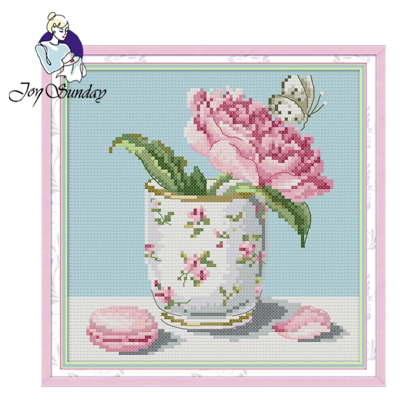 Joy Sunday, цветок в чашке, вышивка крестиком, печать ткани вышивка, цветок вышивки крестиком, вышивка крестиком