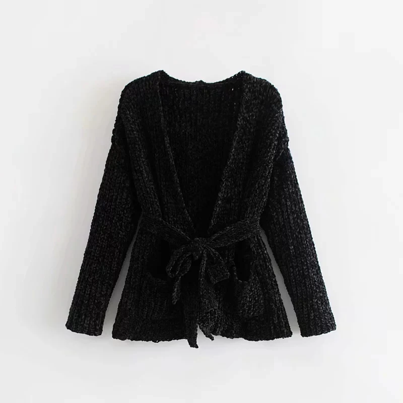 Women Winter Autumn Black Sweater 2018 New Fashion Warm Red Cardigan Female Gray Belt Knitted Chenille pull femme hiver C |