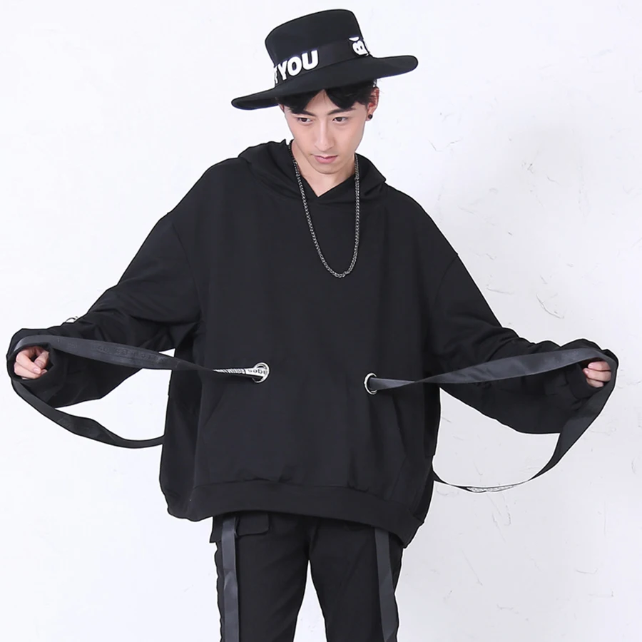 Черный пуловер с лентой толстовки для мужчин Хип Хоп кофты Swag мужской негабаритных балахон унисекс Улица Свободные молнии повседневное пары Готик
