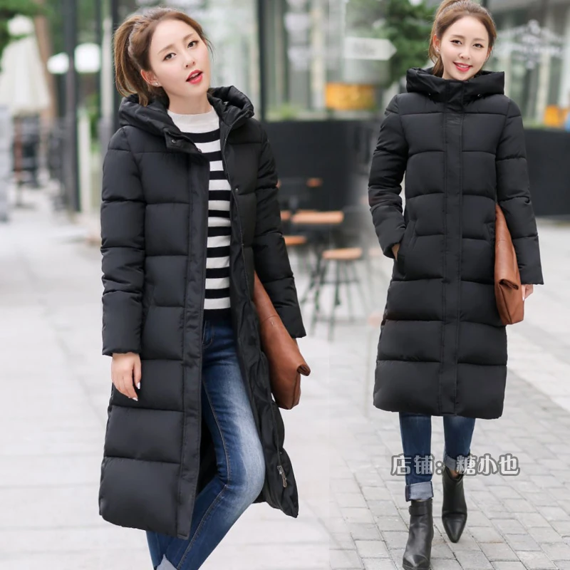 Зимнее пальто с капюшоном женское длинное стеганое хлопковое тонкое теплое