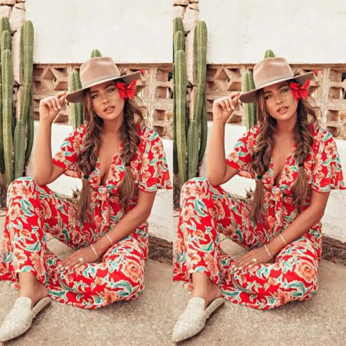 2018 новый летний Для женщин Boho пляжного отдыха красный Цветочные Комбинезоны леди V шеи свободные Playsuit