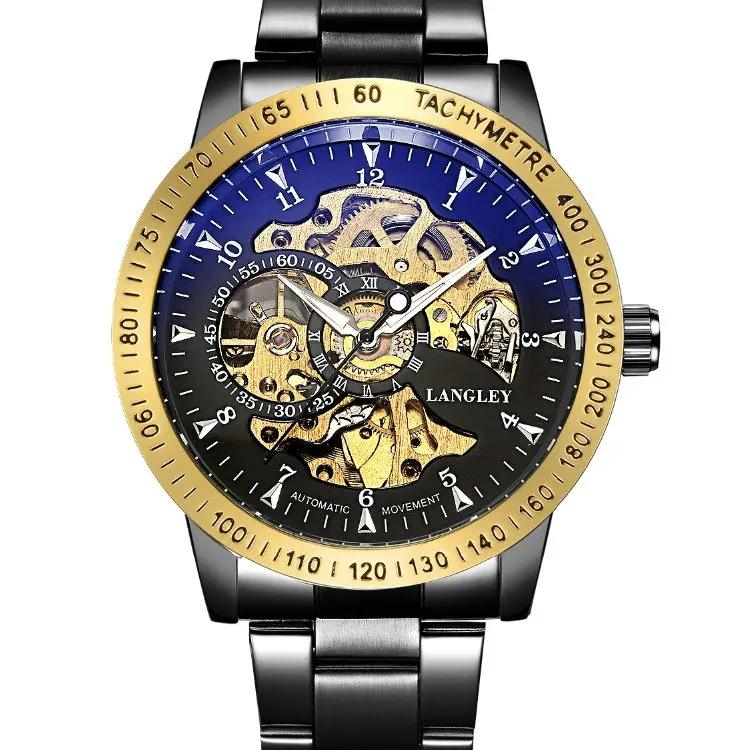 Black Gold Black Роскошные мужские автоматические механические часы мужские из нержавеющей стали Скелет Ретро часы модные мужские деловые наручные часы - Цвет: Black Gold Black