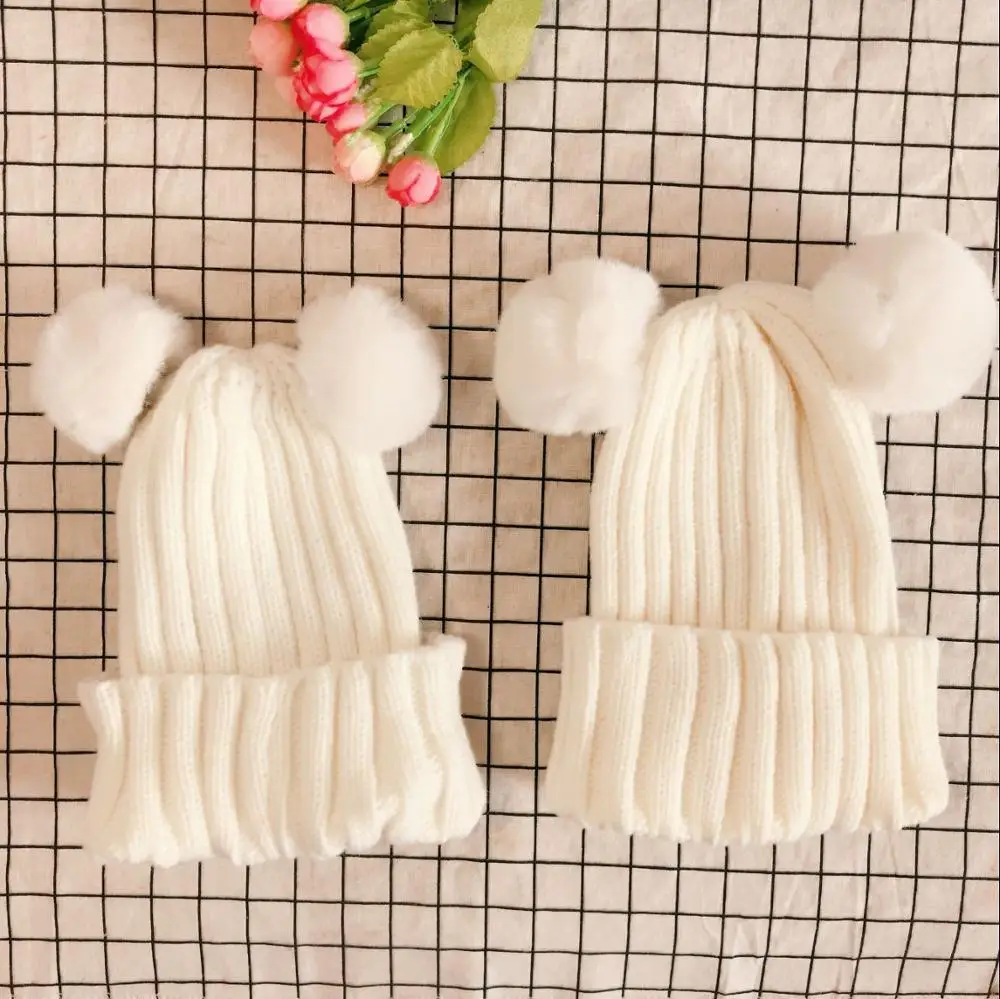 Модные вязаные шапки для родителей и детей Beanies Милая зимняя шапка с помпоном