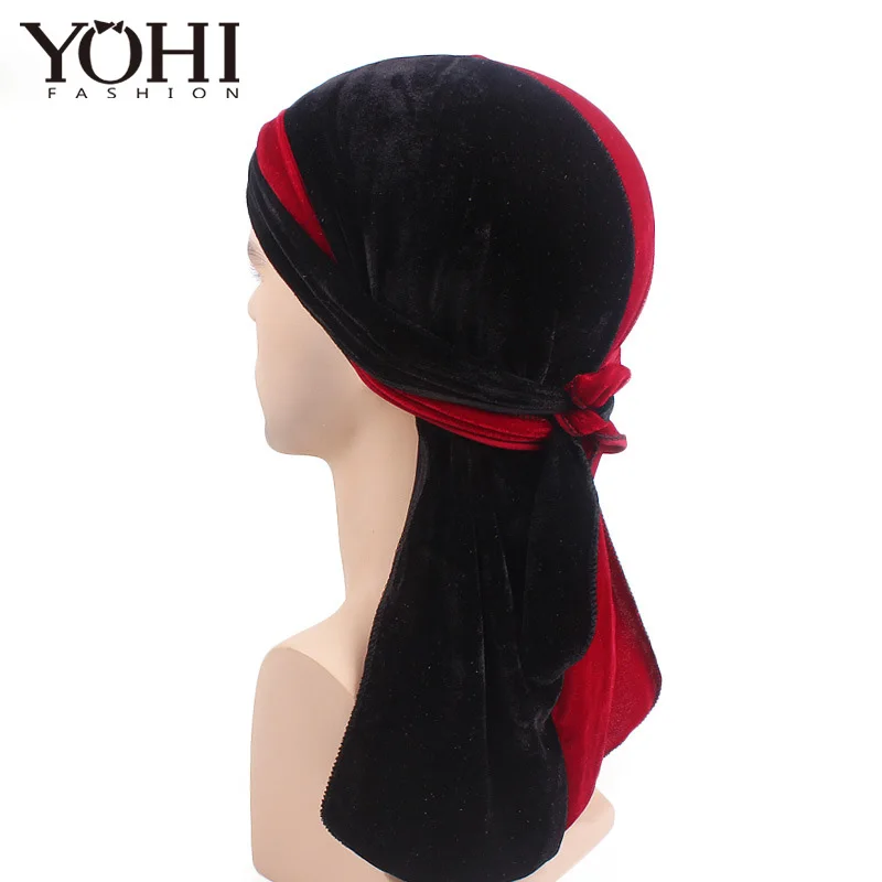 black red Новые роскошные разноцветные мужские бархатные дюраги Бандана тюрбан шляпы парики Doo дюраг головной убор для байкеров головная повязка пиратская шляпа - Цвет: black red