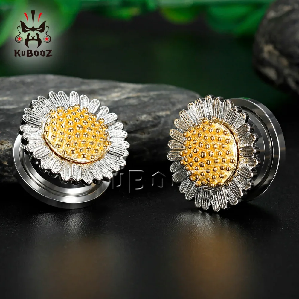 

KUBOOZ Stainless Steel Sun Flower Piercing Screw Back Tunnels Ear Piercing Plugs Body Jewelry Ear Gauges Pair Jewelry 2 PCS