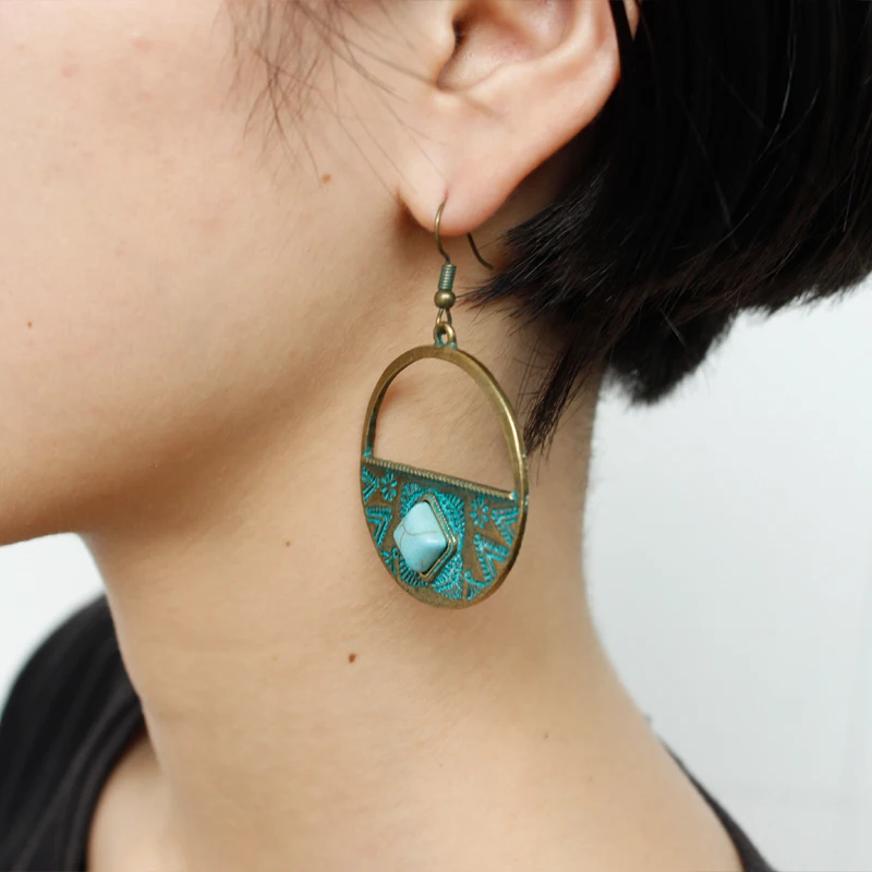 

Bohemian Round Geometric Earring Vintage Carved Flower Leaf Vine Branch Totem Hollow Fan Shape Natural Stone Women Charm jewelry