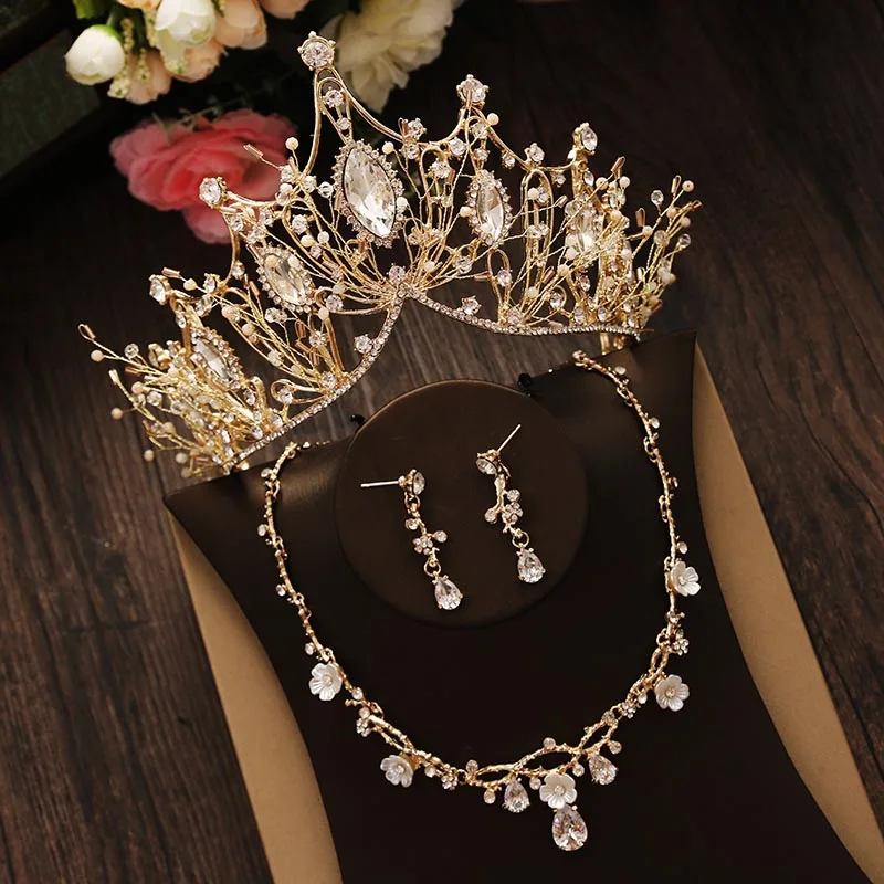 A Crown Set Pin Ear Свадебный ювелирный набор, горный хрусталь, кристалл, Золотая тиара, Серебряная корона, серьги для свадьбы, ожерелье, набор, аксессуары для невесты, роскошные ювелирные изделия - Окраска металла: A Crown Set Pin Ear
