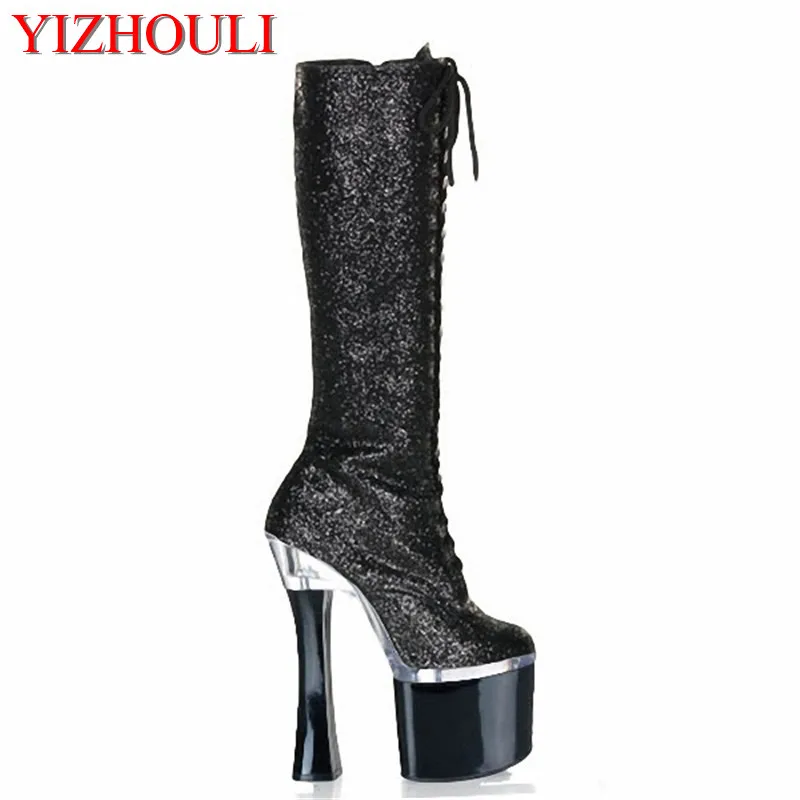 18cm Fashion female knight platform heels knee high boots in the winter shoes PU boots nightclub high-heeled shoes of woman