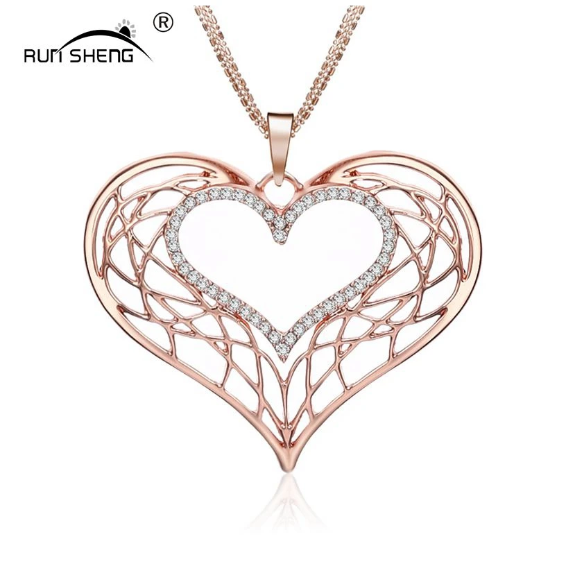 Runsheng Мода сердце Hollow горный хрусталь инкрустированные кулон Цепочки и ожерелья