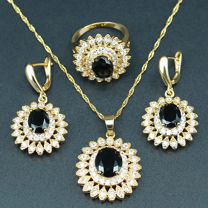 Черный Подсолнух Золотой Цвет Ювелирные наборы для женщин золотой цвет кольцо