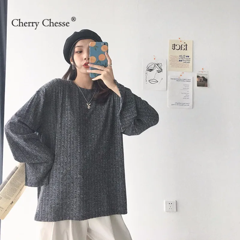 Cherry Chesse Harajuku Для женщин трикотажная футболка с длинными рукавами и круглым