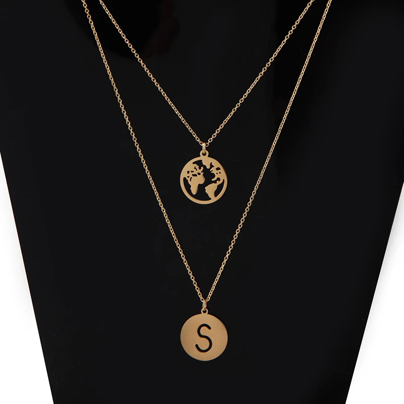 Keamsty Letra S World Map Necklace Pendant Set Silver Rose Gold Initial Letter 316L Stainless Steel Jewelry for Women | Украшения и