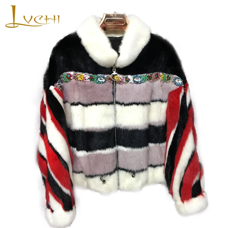 LVCHI 2019 импортные шубы из натуральной норки женские контрастные Цветные Лоскутные