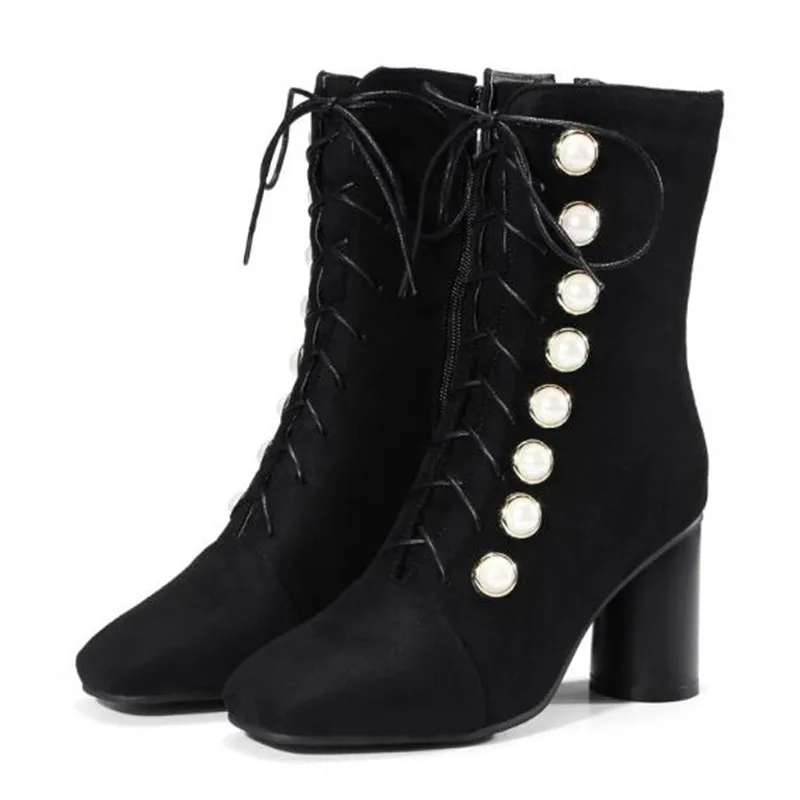 Autumn and winter New style fashion black sexy Pearl rivet Square head High-heeled Short boots Cashmere Keep warm Women Boots