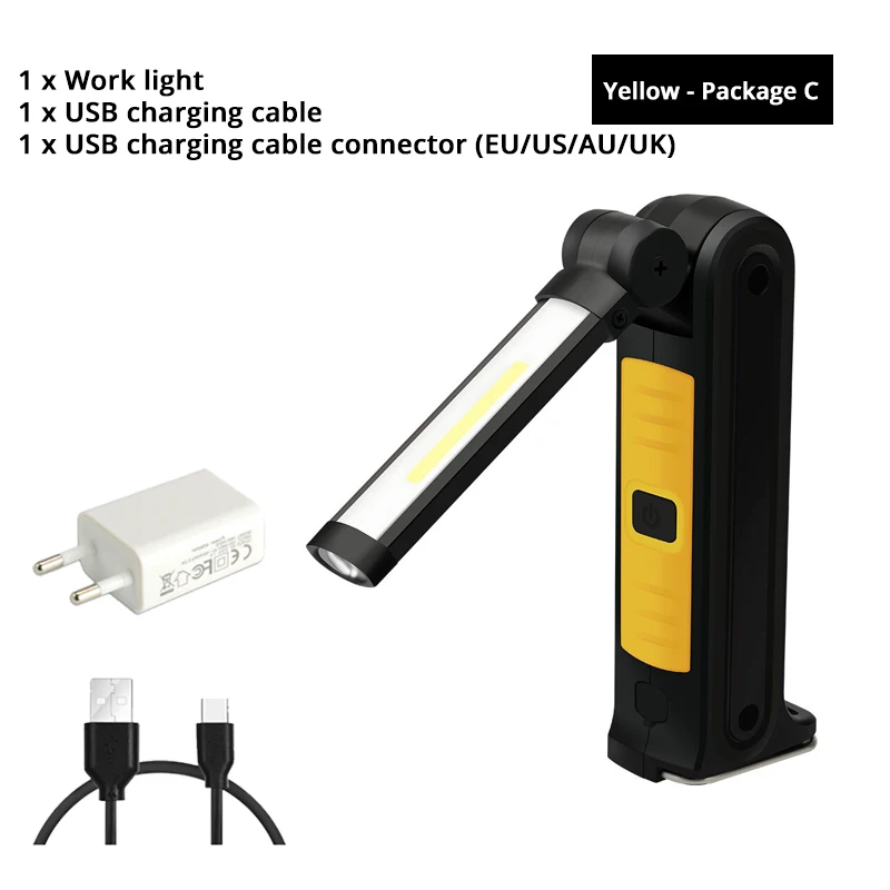 Yellow - Package C USB Перезаряжаемый COB светодиодный светильник-вспышка рабочий светильник инспекционный светильник 4 режима задний магнит дизайн подвесной фонарь Водонепроницаемый - Испускаемый цвет: Yellow - Package C