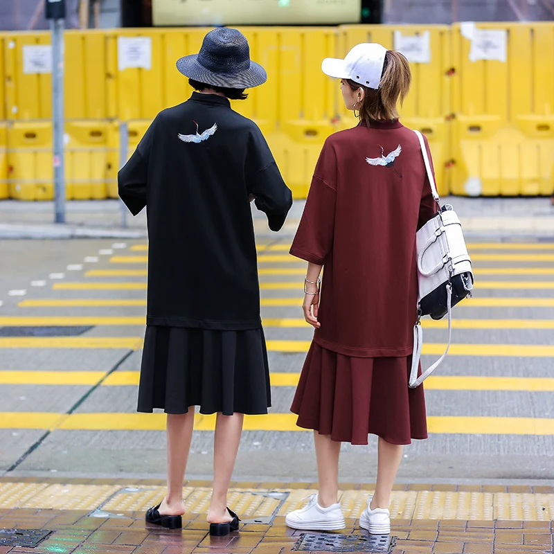 Женское пляжное платье в Корейском стиле Harajuku черное свободное с вышивкой лето