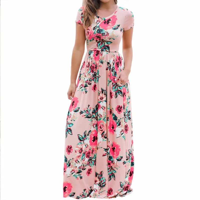 Женское длинное платье макси с цветочным принтом Пляжное коротким рукавом