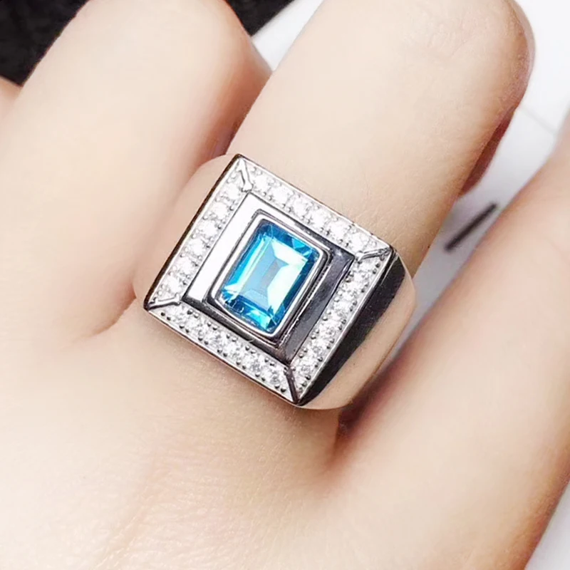

925 Silver Man Ring 5 mm*7 mm Natural London Blue Topaz Man Ring Solid Sterling Silver Topaz Jewelry Fashion Silver Man Jewelry