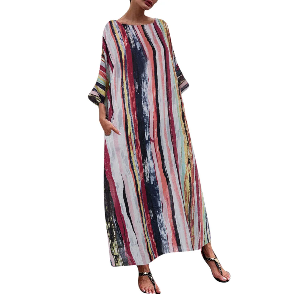 Женское Повседневное платье большого размера разноцветное в полоску с круглым