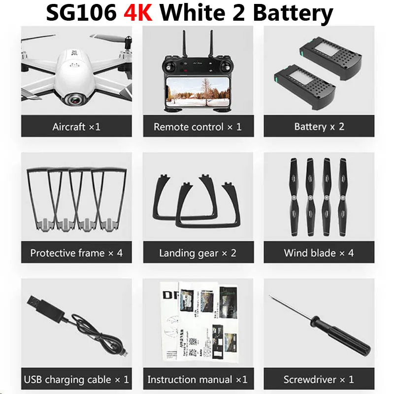 White 4K 2 Battery Дрон SG106 с двойной камерой 1080P 720P 4K WiFi FPV в режиме реального времени воздушная видео широкоугольный оптический поток RC Квадрокоптер вертолет игрушки - Цвет: White 4K 2 Battery