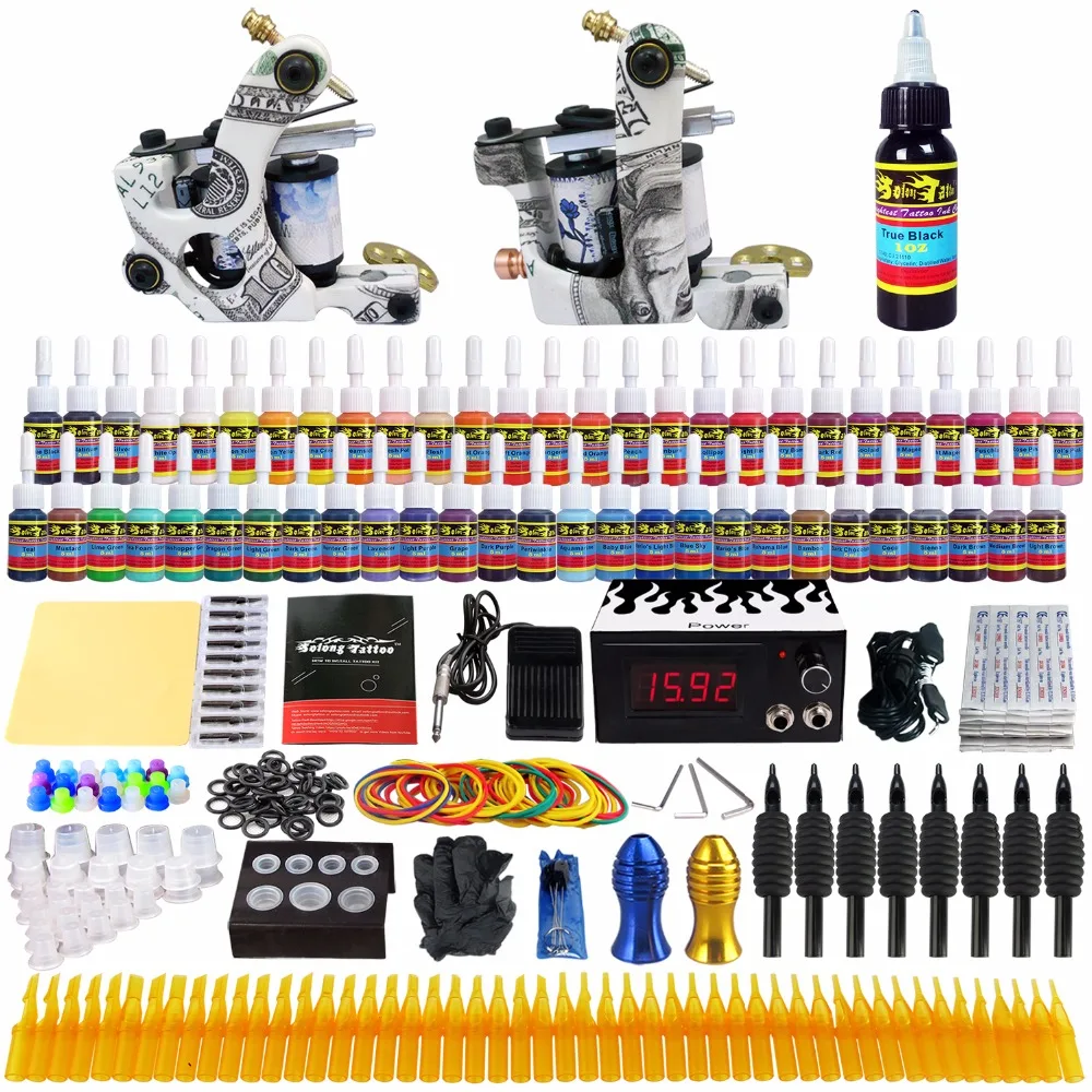 

Solong Tattoo Top Selling Complete Tattoo Kit 2 Pro Machine Guns 54 Inks Power Supply Needle Grips Tubes Tips TK252