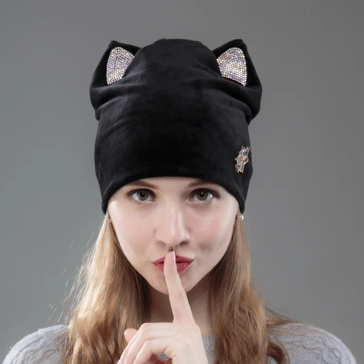 Дизайн, женские шапочки, Skullies, для девушек, милая, Осень-зима, шапка с кошачьими ушками, блестящие стразы, металлические, цветочные, зимние шапки - Цвет: black