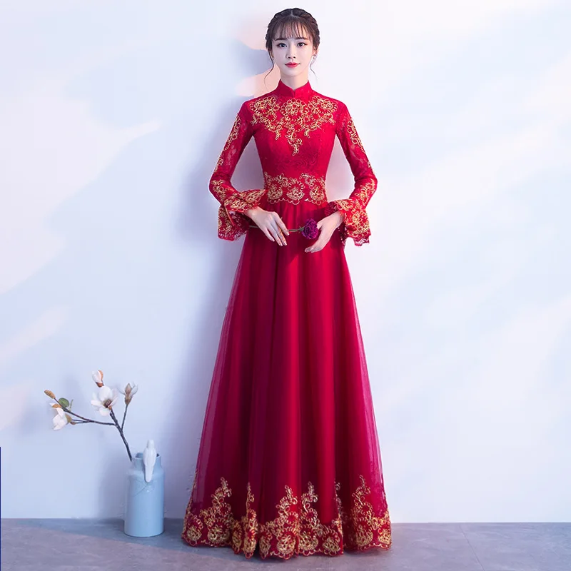 Современное китайское платье, кружевное, Ципао, винтажное, Cheongsam, платья подружек невесты, винно-красное, с роговыми рукавами, Qi Pao, традиционное вечернее платье - Цвет: red long-sd horn s