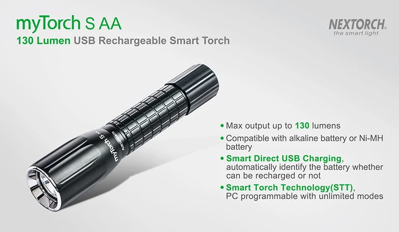 Фонарь для повседневного ношения NEXTORCH myTorch S AA легкий USB-заряжаемый, 130 люмен для кемпинга, рыбалки, бега.