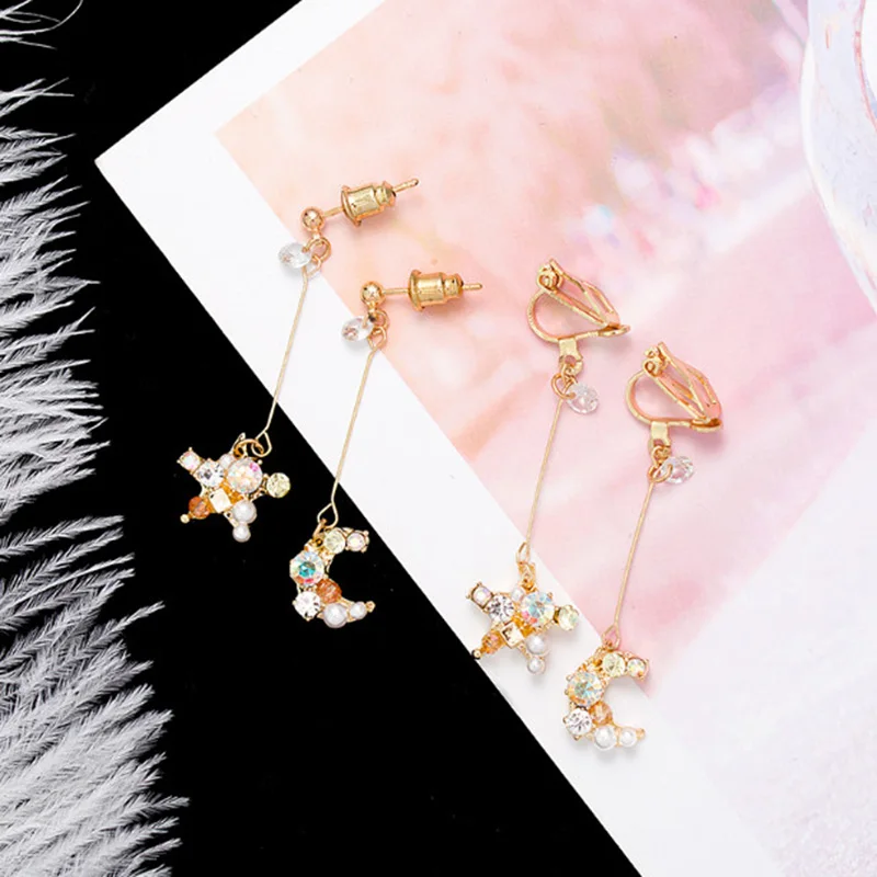 Новые серьги клипсы с фианитами в виде звезд и Луны длинные капельки золотого