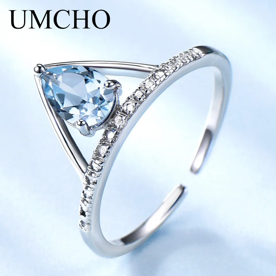 

UMCHO Natural Sky Blue Topaz Rings Rivets Desige Resizable Silver Jewelry 925 Sterling Silver Rings For Women Birthday Gifts