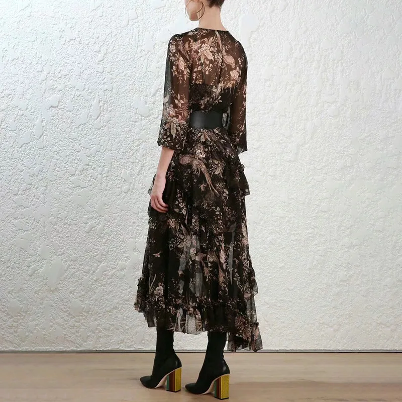 Женское шифоновое платье с цветочным принтом длинное Асимметричное Платье макси