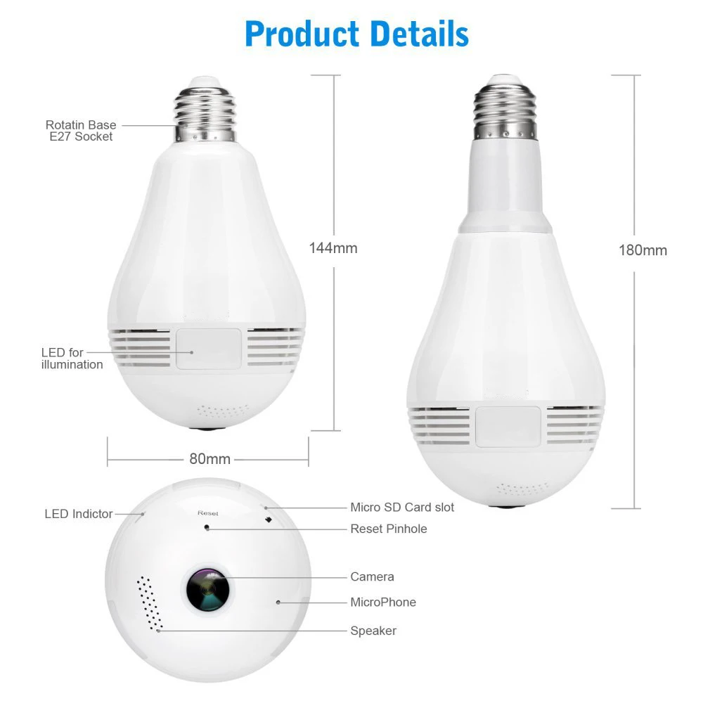 Умная Светодиодная лампа с датчиком движения 360 градусов E27 RGB Wi Fi V380 960P|Камеры