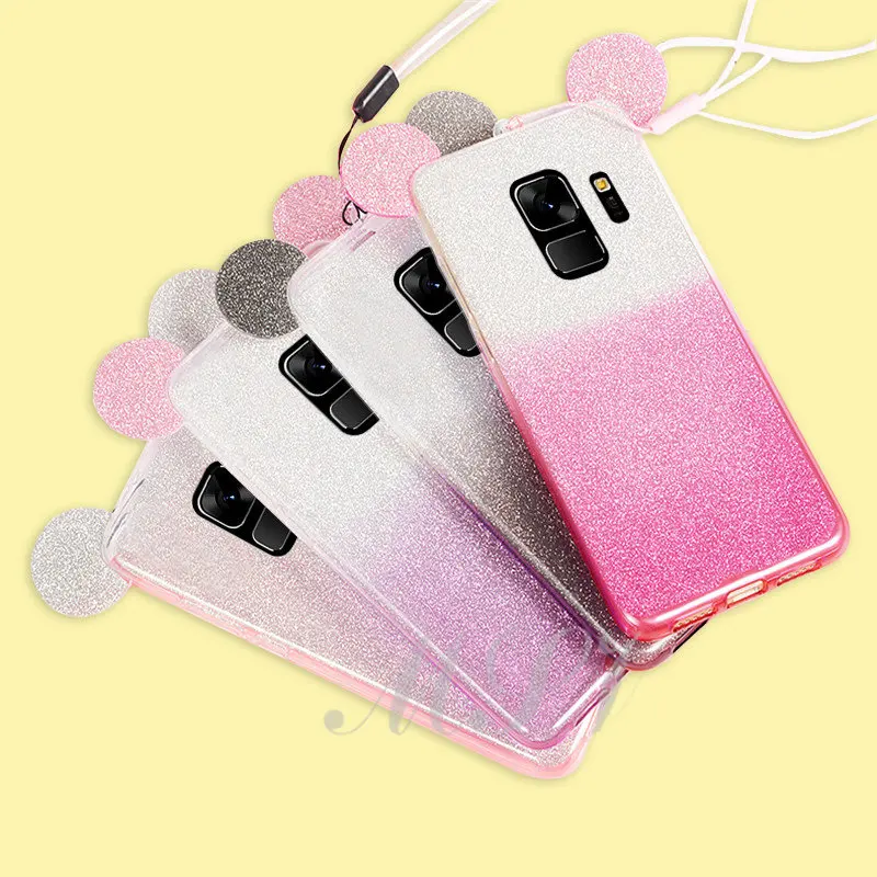 Gradient Minnie Mickey Mouse Ears Case For Samsung Galaxy S9 S7 S6 Edge S8 Plus S5 J3 J5 A5 A3 A7 J7 2017 2016 Glitte TPU |