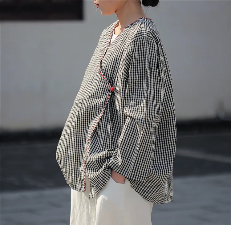 Винтажные клетчатые Топы 2019 весна лето хлопок льняная рубашка Кнопка три