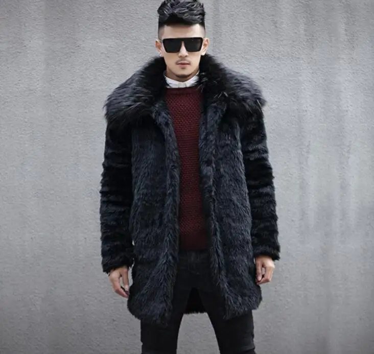 Autumn faux mink leather jacket mens big fur collar winter thicken warm fur leather coat men slim jackets fashion black