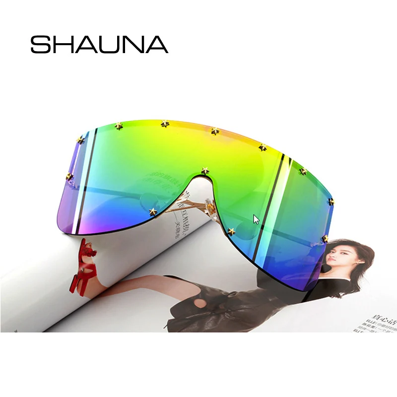 SHAUNA Oversize One Piece Cover men sunglasses steampunk Women Five-Points Star glasses punk Champagne Windproof Shades Men