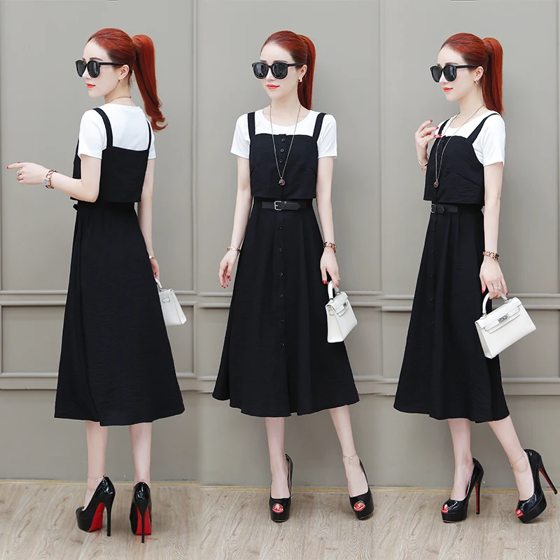 2018 летний женский костюм джинсовое платье-джемпер белая футболка с короткими