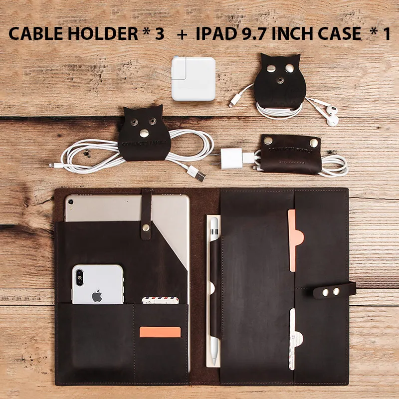 Case set Роскошный чехол из натуральной кожи для нового iPad 9,7 дюймов Air 2 / ударопрочный мини-Кабельный органайзер для наушников USB провод - Цвет: Case set
