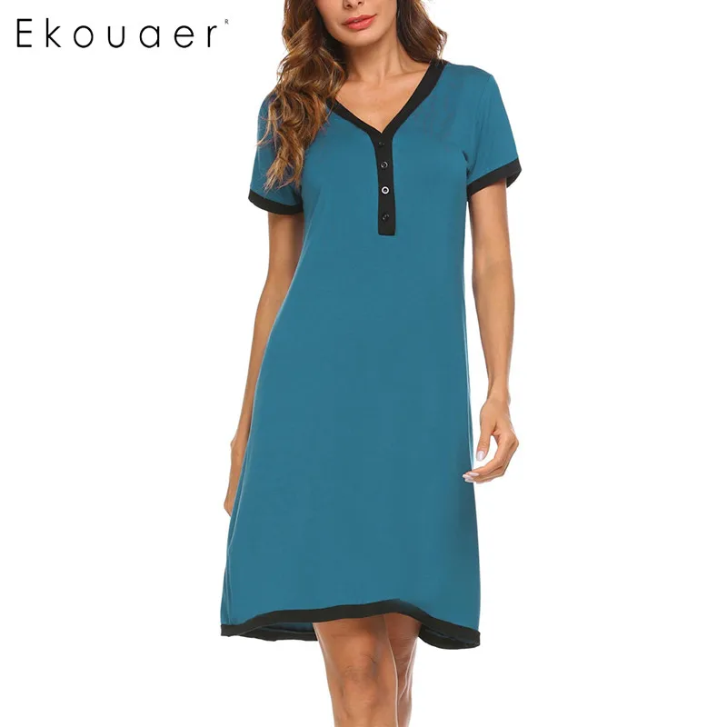 Blue green Ekouaer Ночное платье, ночная рубашка, ночная рубашка для беременных, кормящих грудью, домашнее платье с коротким рукавом, женская ночная рубашка с v-образным вырезом - Цвет: Blue green