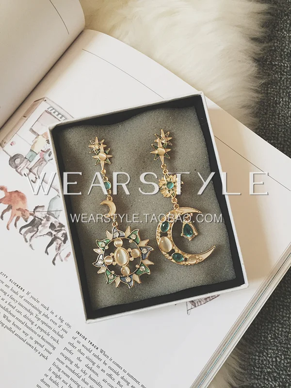 Известный бренд цинковый сплав барокко Ретро стиль Корея Солнце Луна золотые длинные серьги полудрагоценные камни женские ювелирные изделия подарок девушке