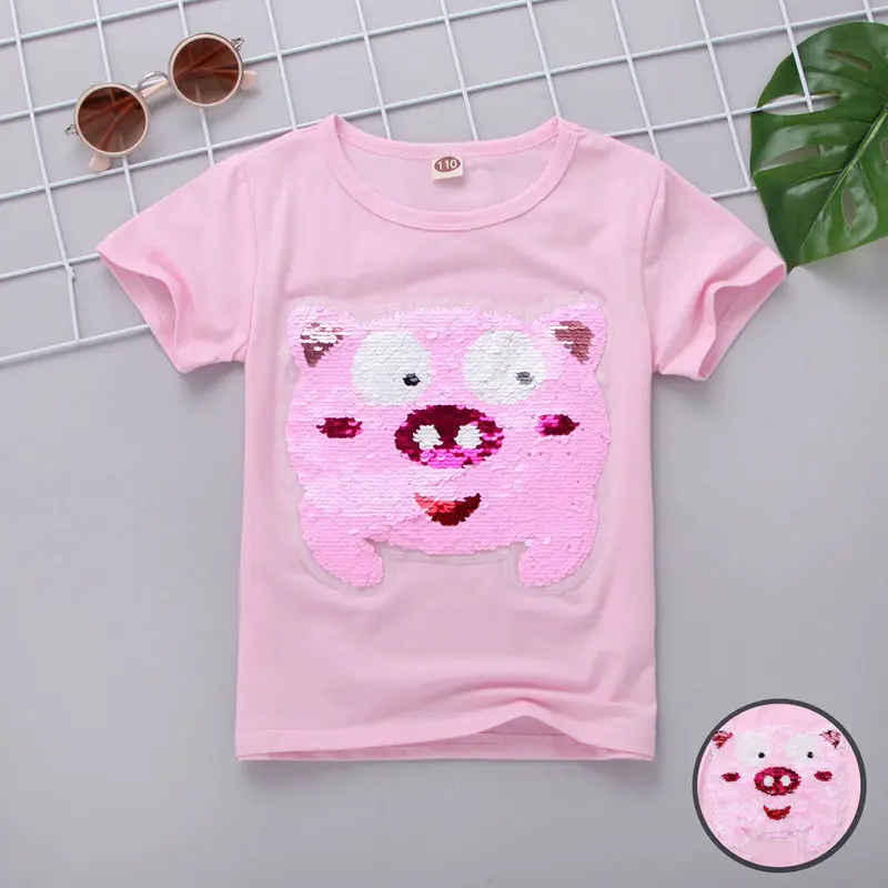 Pig B Pink Футболка для девочек, лето, Детская футболка с блестками, хлопковые рубашки с мультипликационным принтом, одежда для подростков 5, 6, 8, 10, 12, 13, 14 лет - Цвет: Pig B Pink
