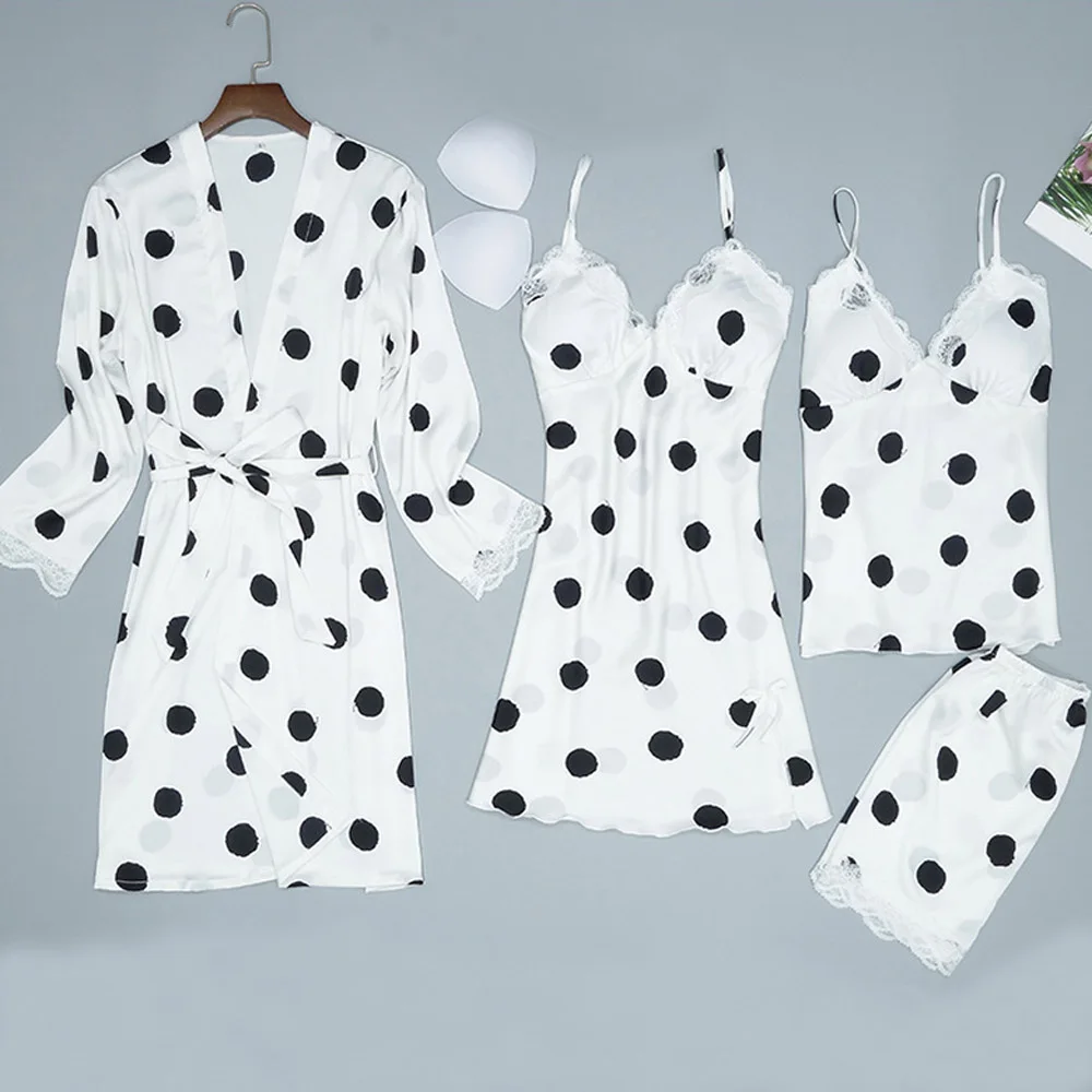 4pcs Set White Женское атласное шелковое вечернее платье, кимоно, банный халат, комплект для отдыха, сексуальное ночное белье в горошек, женское белье для подружки невесты, ночная рубашка, пижамы - Цвет: 4pcs Set White