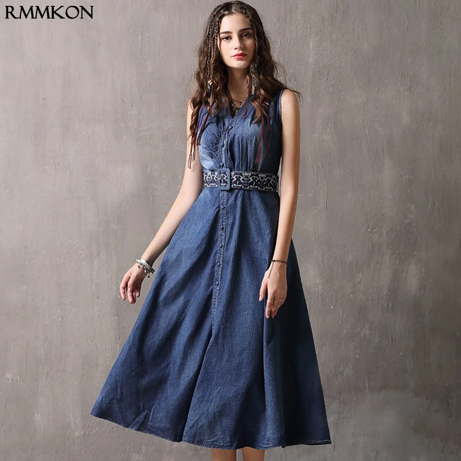 Вышитое джинсовое платье в длинном абзаце Лето 2019 новые женские