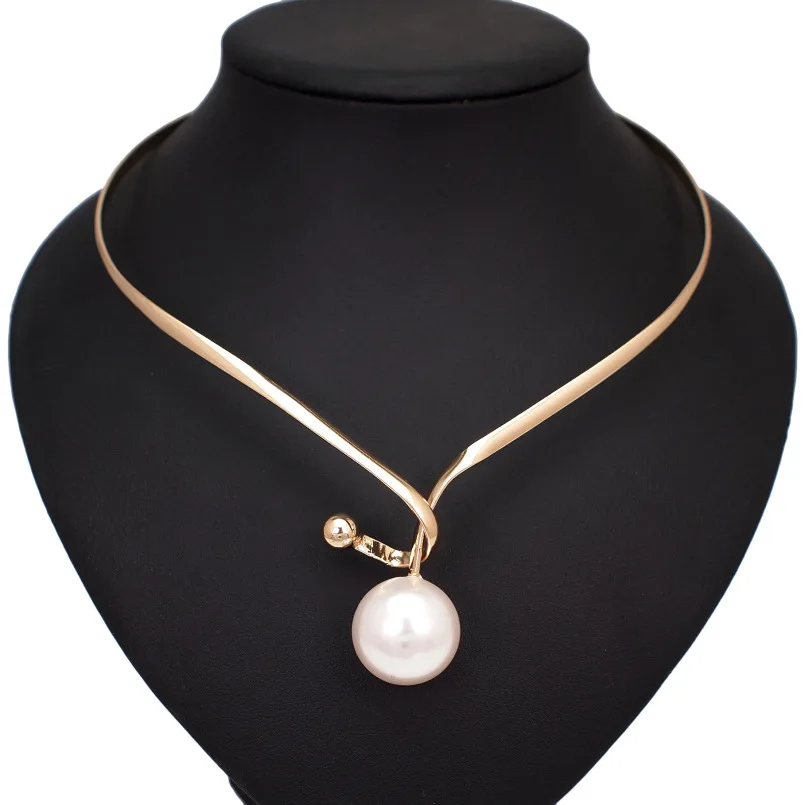 

Alloy Torques Simulated Pearl Pendants Necklaces For Women Simple Design Statement Metal Collar Choker Necklace Jewelry UKMOC