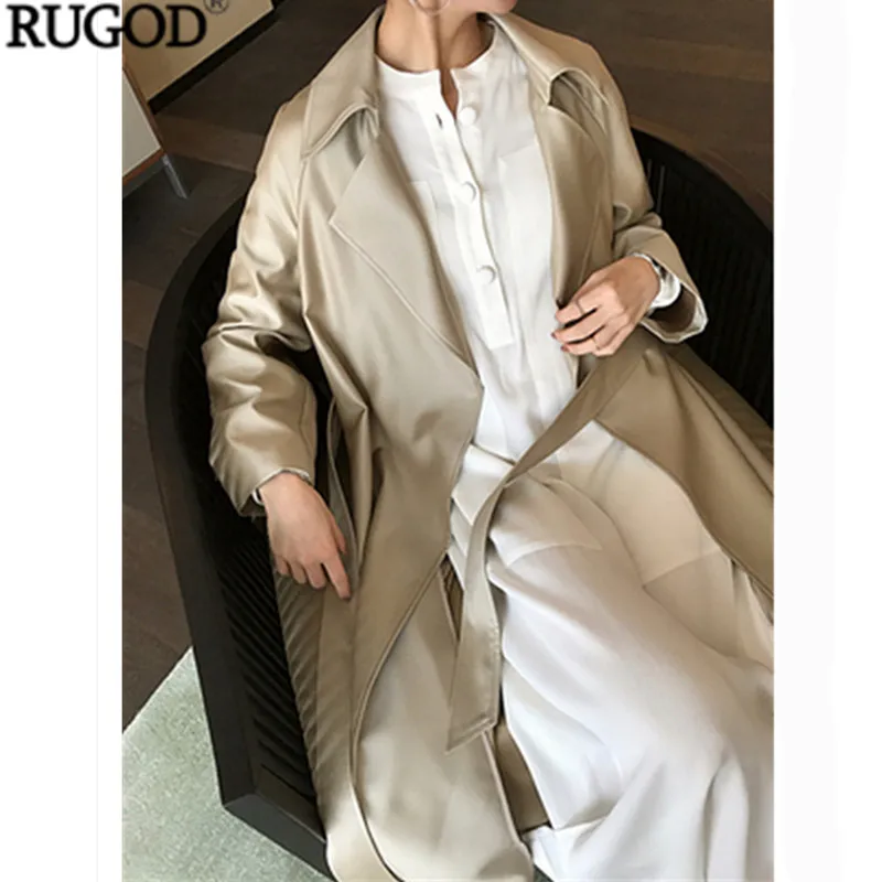 RUGOD, женское модное длинное пальто с металлическим блеском размера плюс, элегантная Вертикальная куртка с поясом и длинным рукавом, Офисная Женская одежда