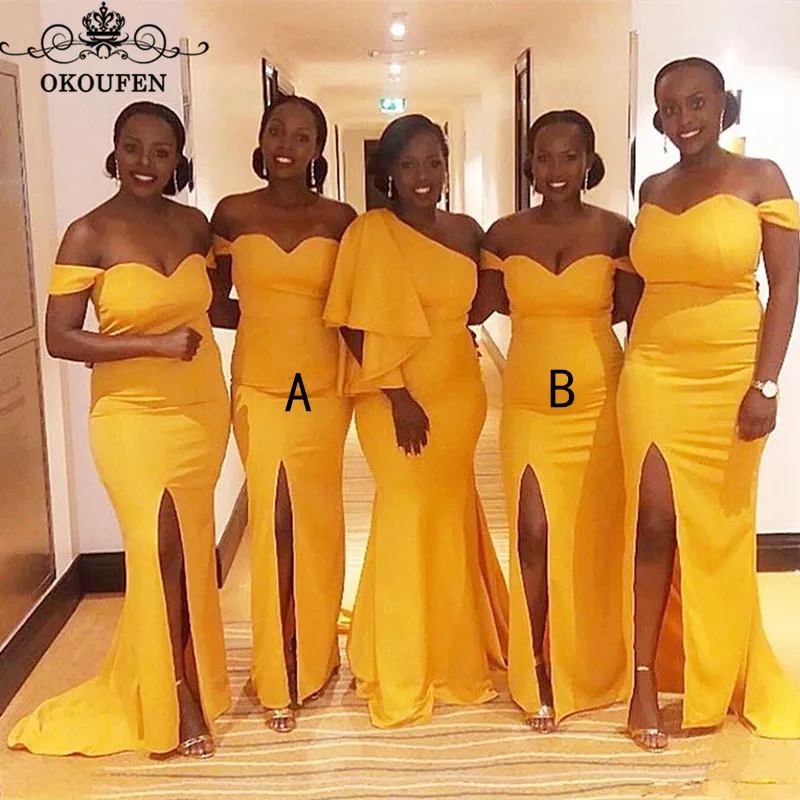 Сексуальное платье подружки невесты с разрезом по бокам 2019 золотое желтое