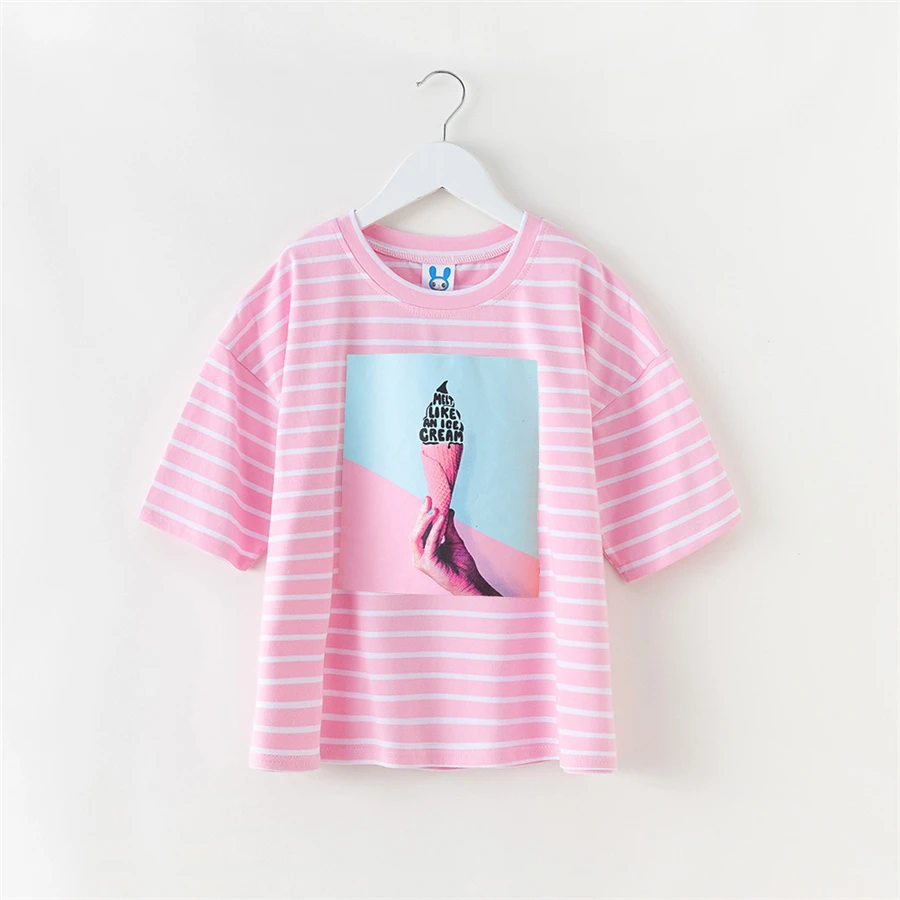 Модная розовая рубашка в полоску для девочек летний топ с принтом лица футболка
