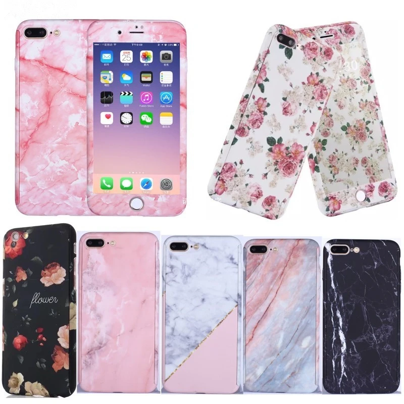 

360 Degrees Flower Marble Stone Painted Full Protection Case For iPhone 11 12 Pro Xs Max XR X 7 Plus Hard Plastic Phone Cover