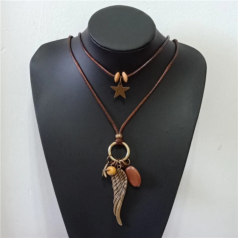 2018 двойной винтажный длинный кулон ожерелье деревянные звезды крылья ручной